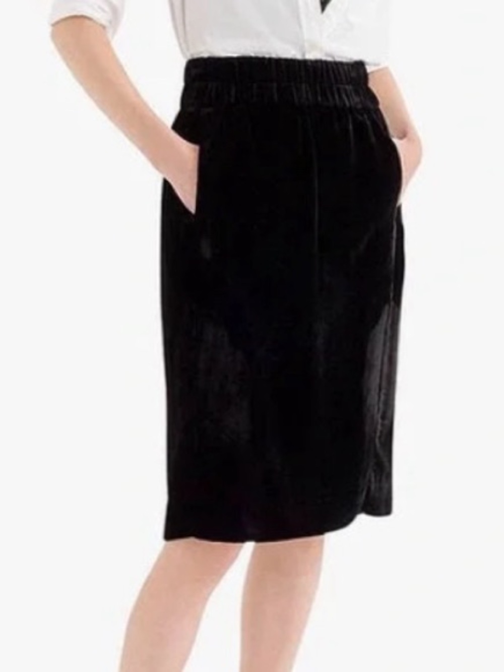 J. Crew Black Velvet Pull On Midi Skirt Size XS Pockets Elastic Waist Office